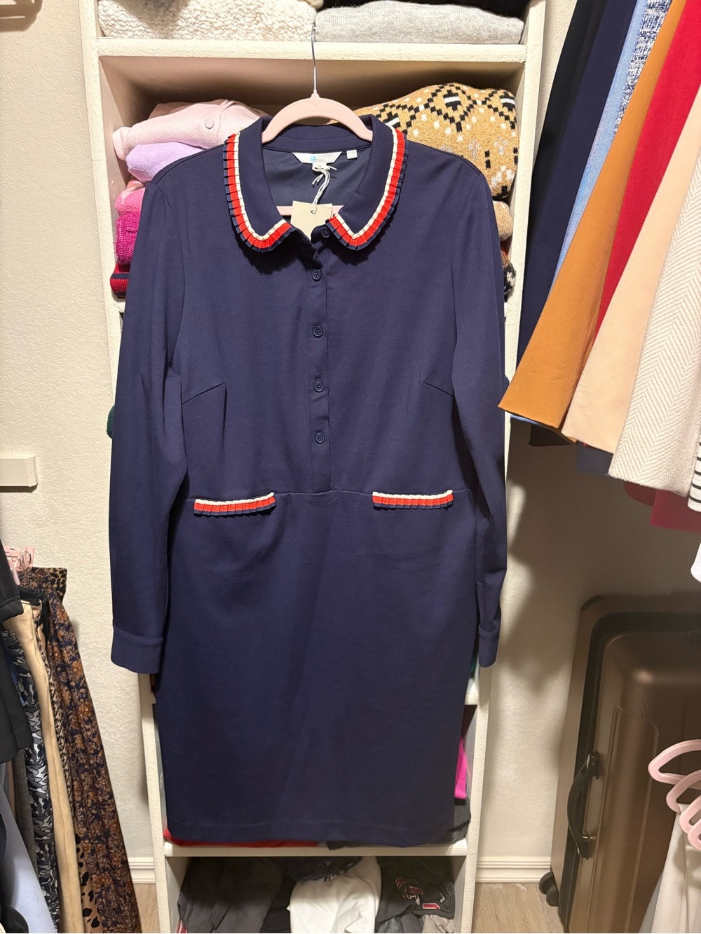 Boden Navy Midi Dress with Red-and-White Trim